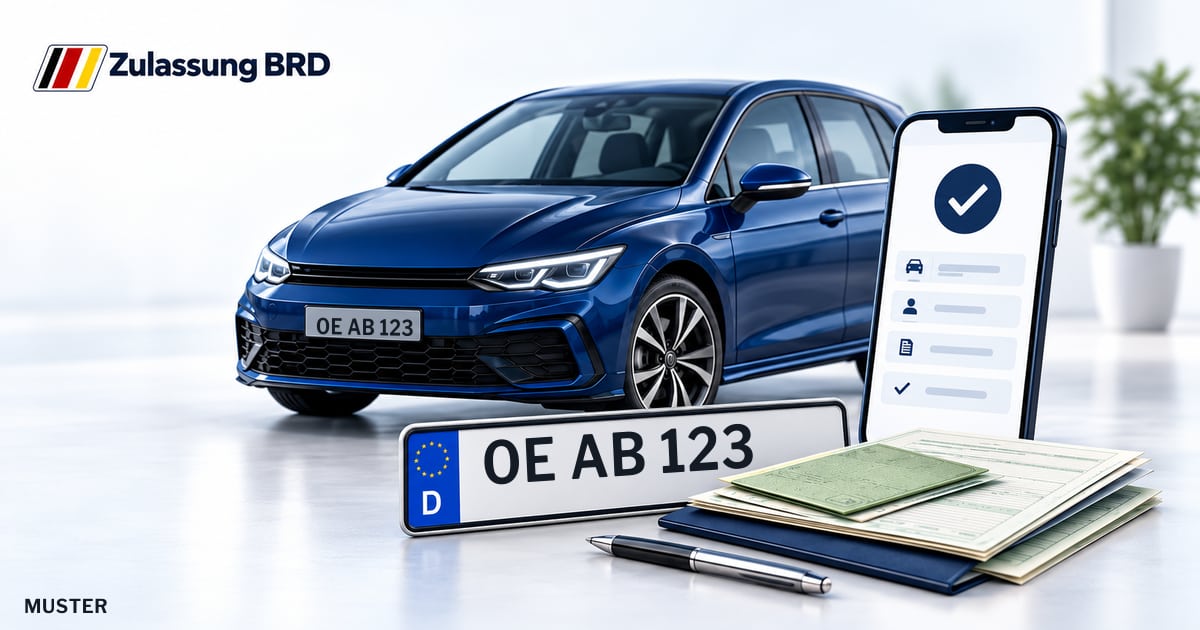 Online Fahrzeugzulassung in Attendorn: Musterkennzeichen OE AB 123, Auto und Fahrzeugpapiere und Smartphone. Illustration mit Logo von Zulassung BRD.
